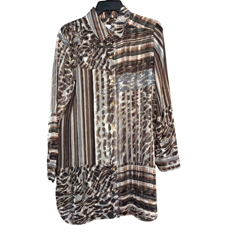 Chico's Size 0 Small Leopard Button Down Tunic Shirt Sheer Mobwife Safari Resort